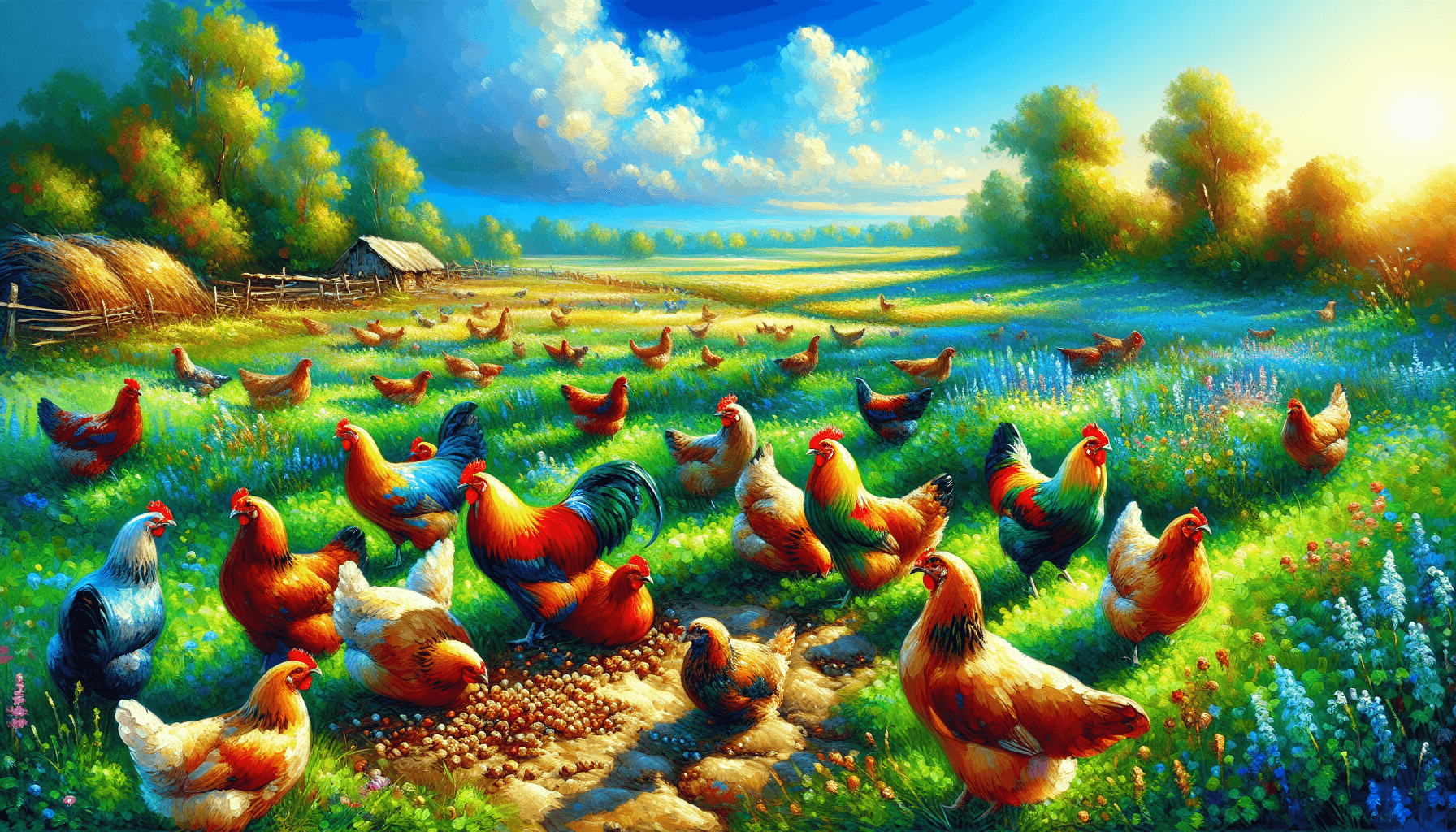 Paesaggio con galline che raccolgono risorse