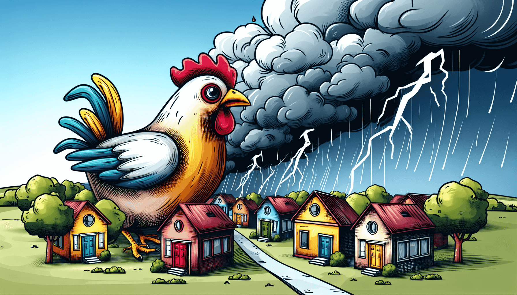 Tempesta cartoonesca che si avvicina alla città delle galline